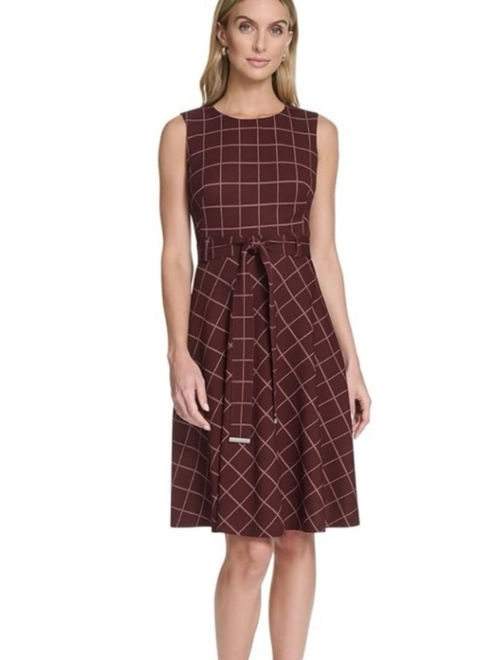 Calvin Klein Burgundy Windowpane Belted Midi Dress